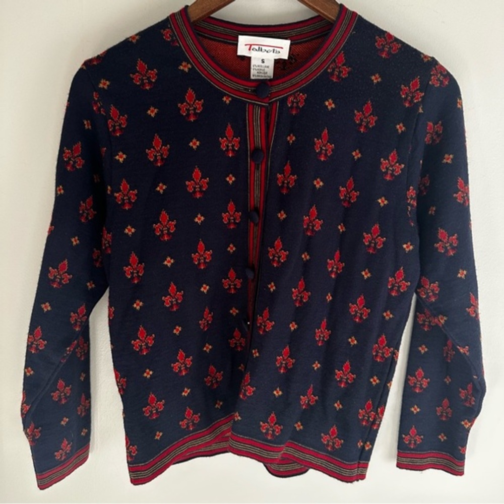 Vintage Talbots Wool Blend Fleur-de-lis Patterned Cardigan Royal Blue Women’s Sm